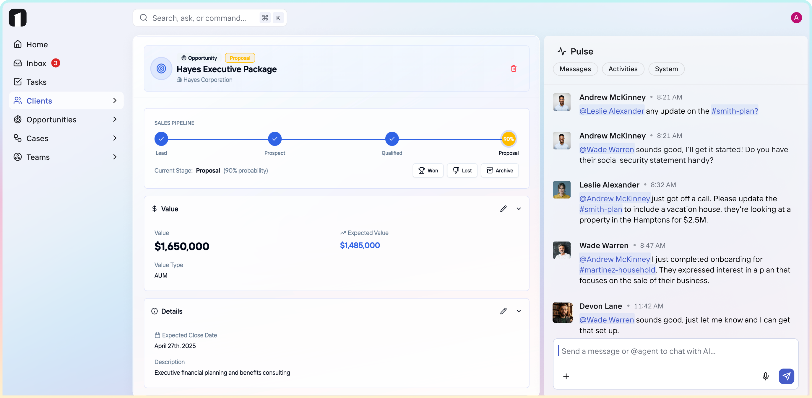 OneVest GO dashboard preview showing the wealth relationship workspace