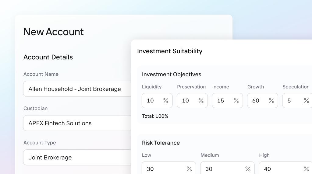 OneVest account opening interface showing a new joint brokerage application with account details and investment suitability fields auto-populated