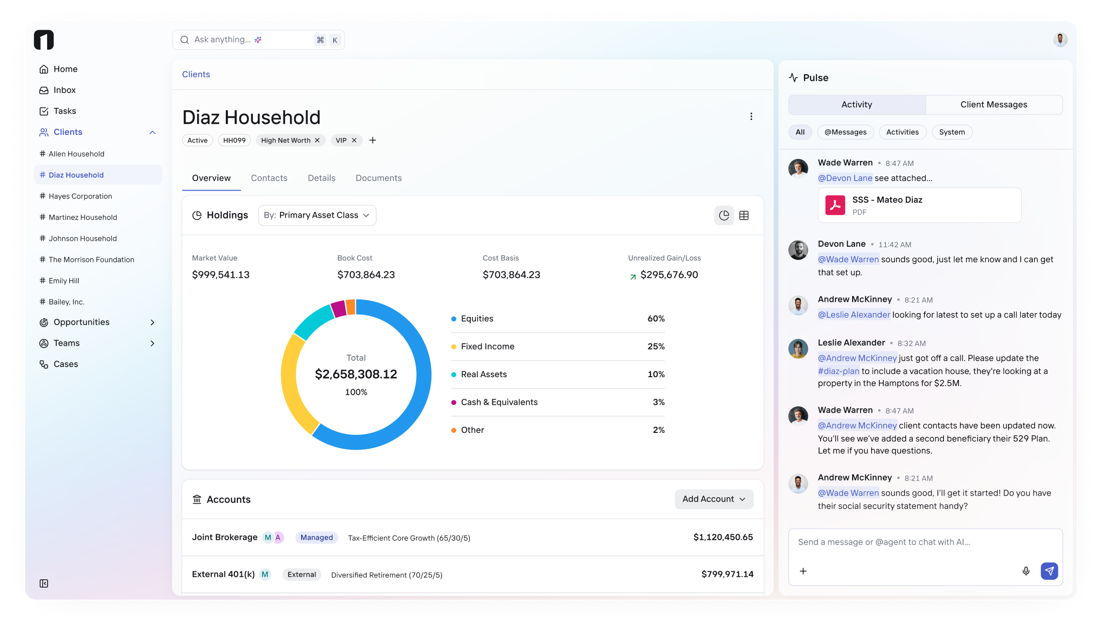 OneVest Advisor Workspace showing the Diaz Household client profile with holdings, accounts, and Pulse activity feed