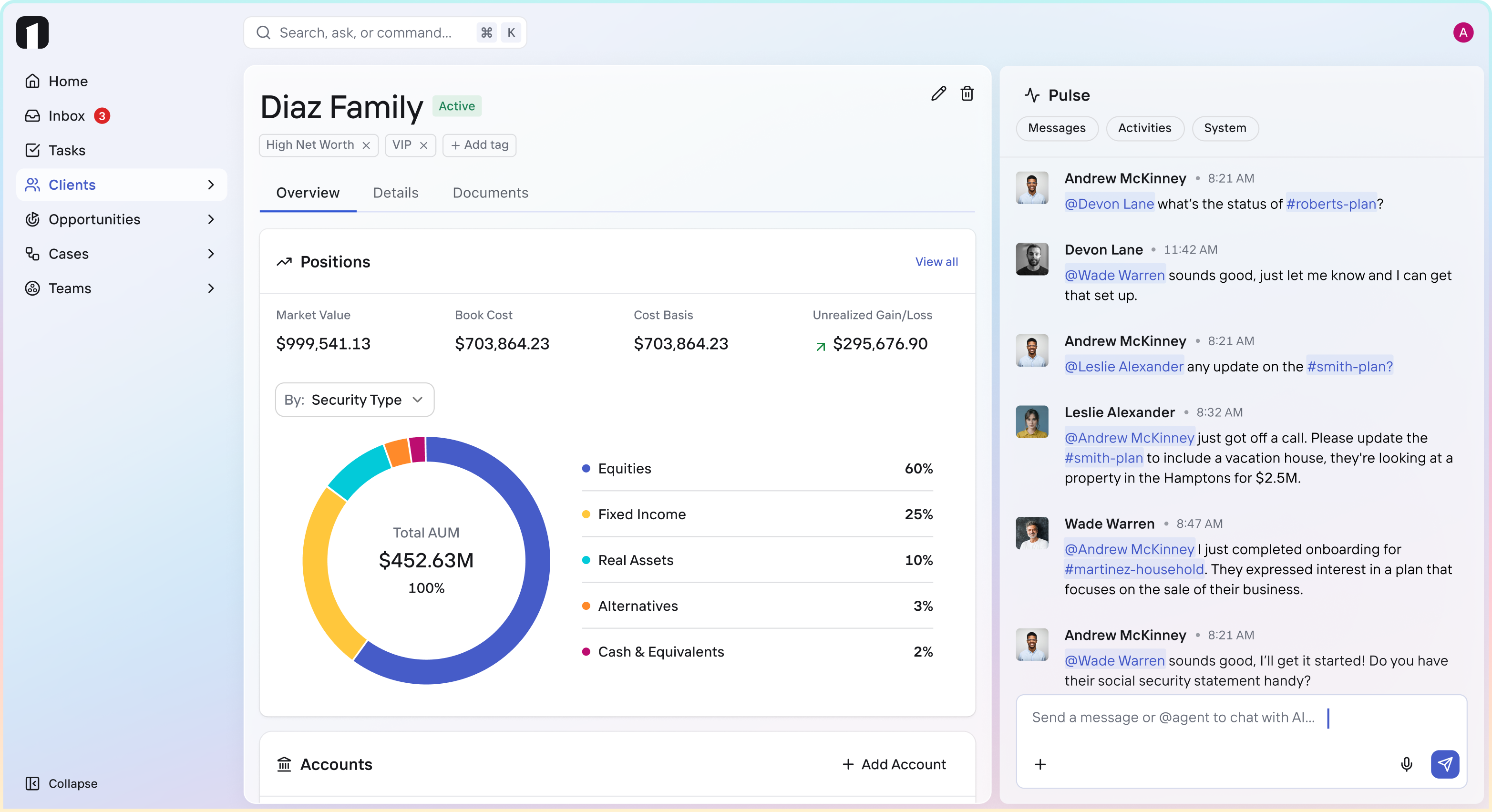 OneVest platform showing AUM dashboard, client portal, and action queue