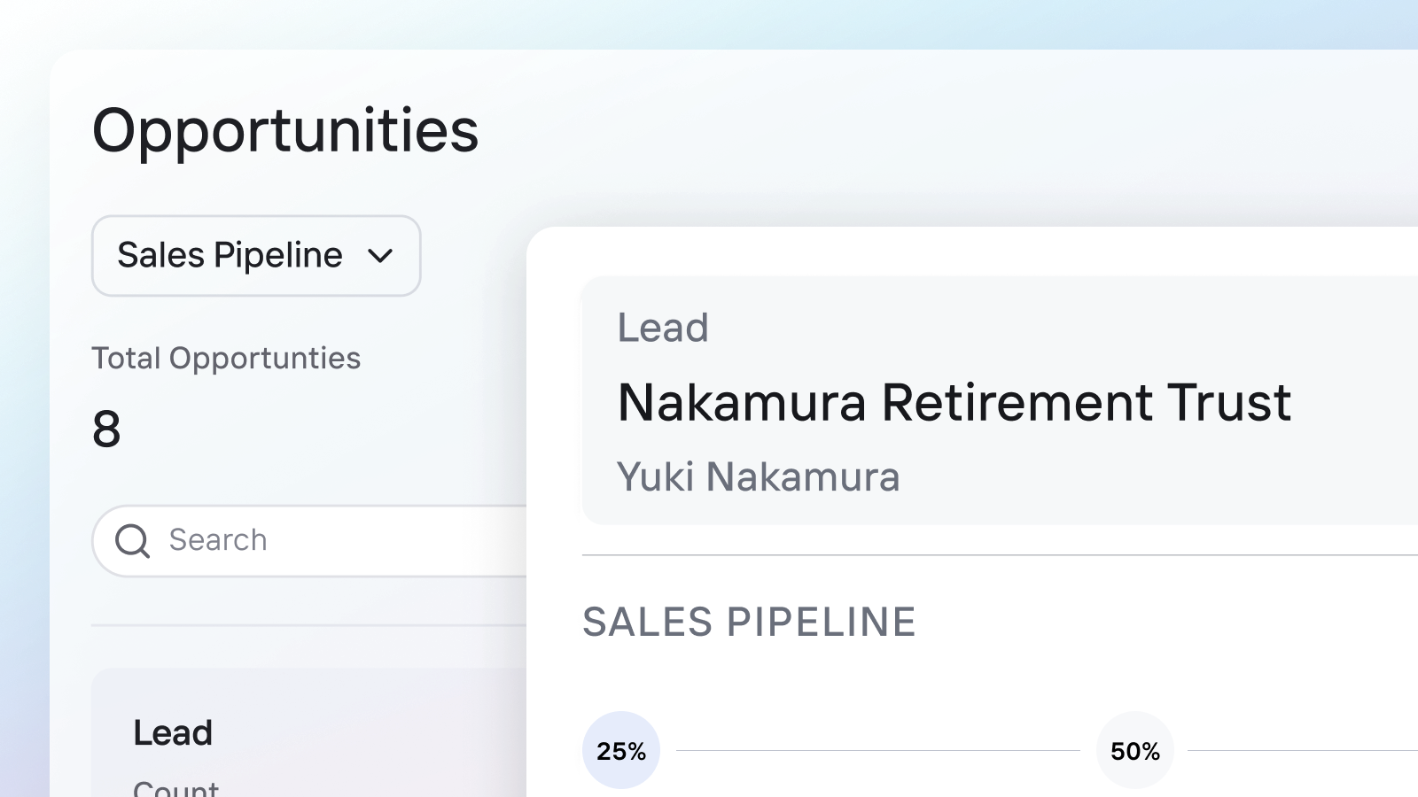 OneVest CRM interface showing AI agent workflows, opportunity pipelines, and advisor activity in the workspace
