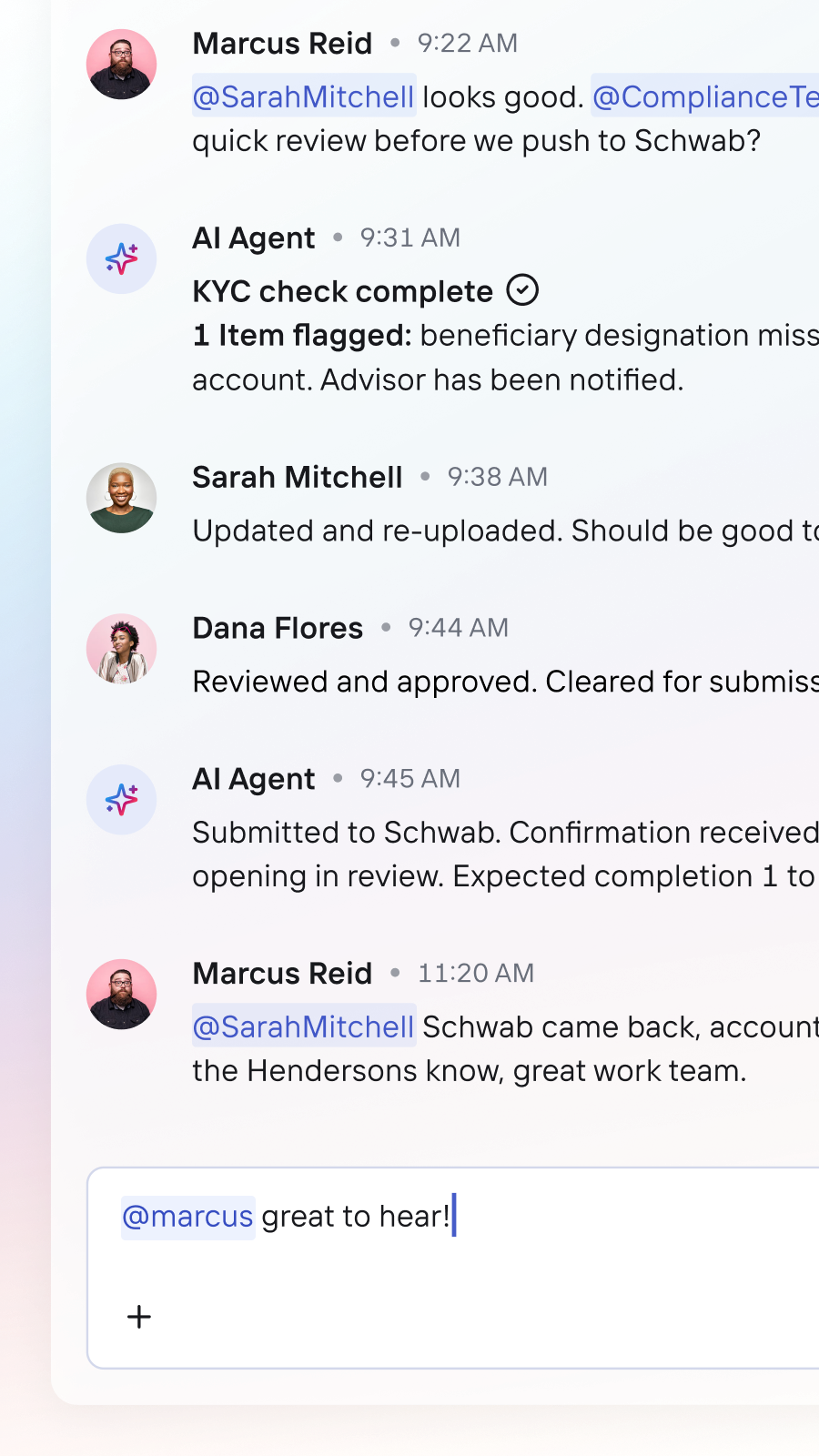 OneVest Pulse collaboration interface on mobile showing team messaging, AI agent updates, and workflow notifications