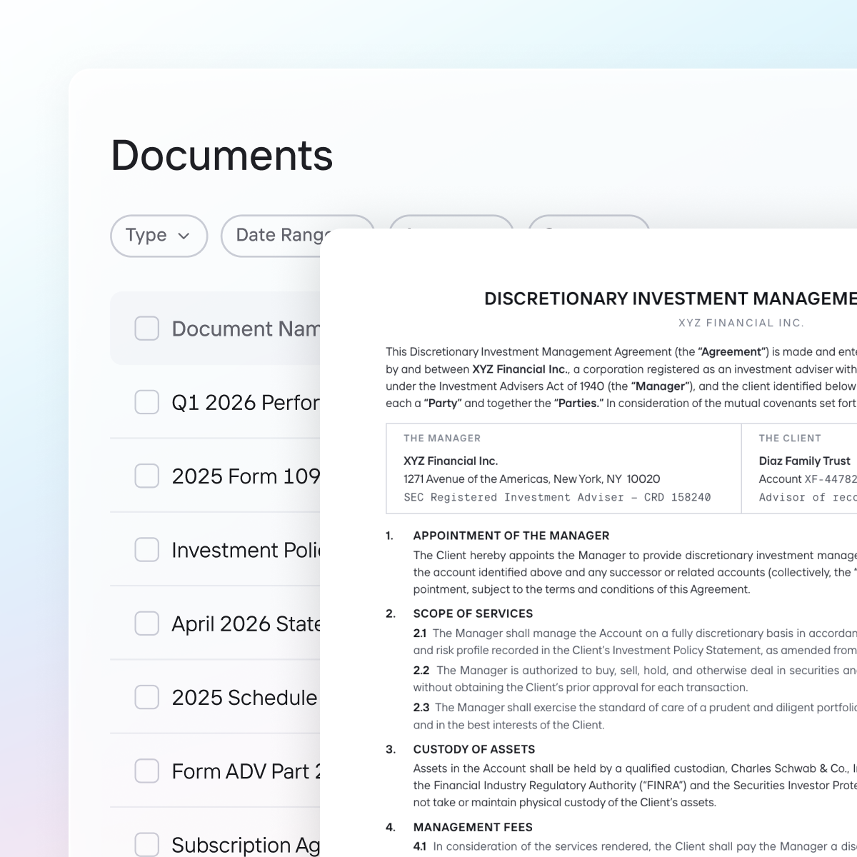 OneVest document management mobile interface showing the document library and agreement preview on a phone screen