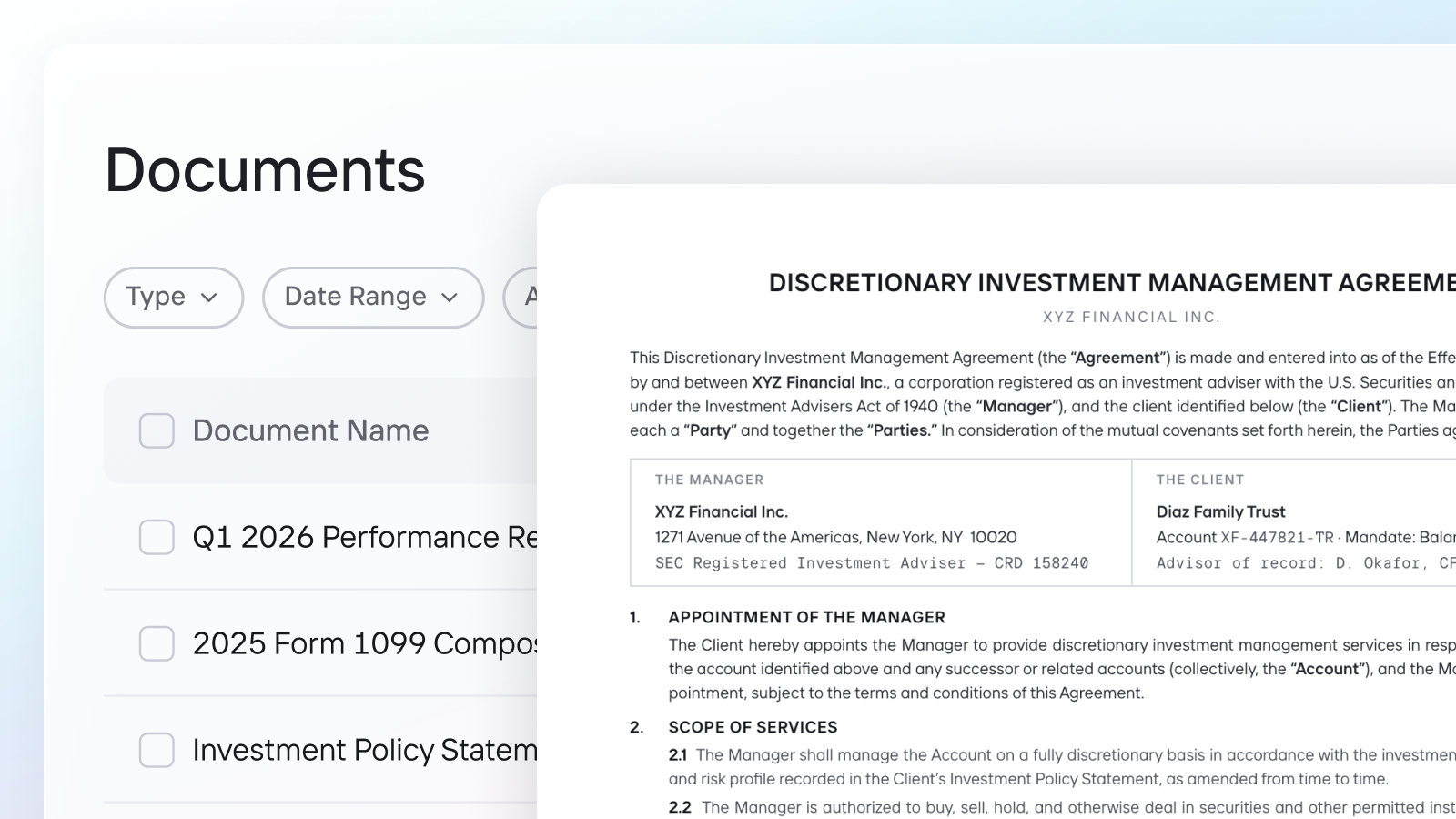 OneVest document management interface showing the document library, agreement generation, and data extraction across the workspace