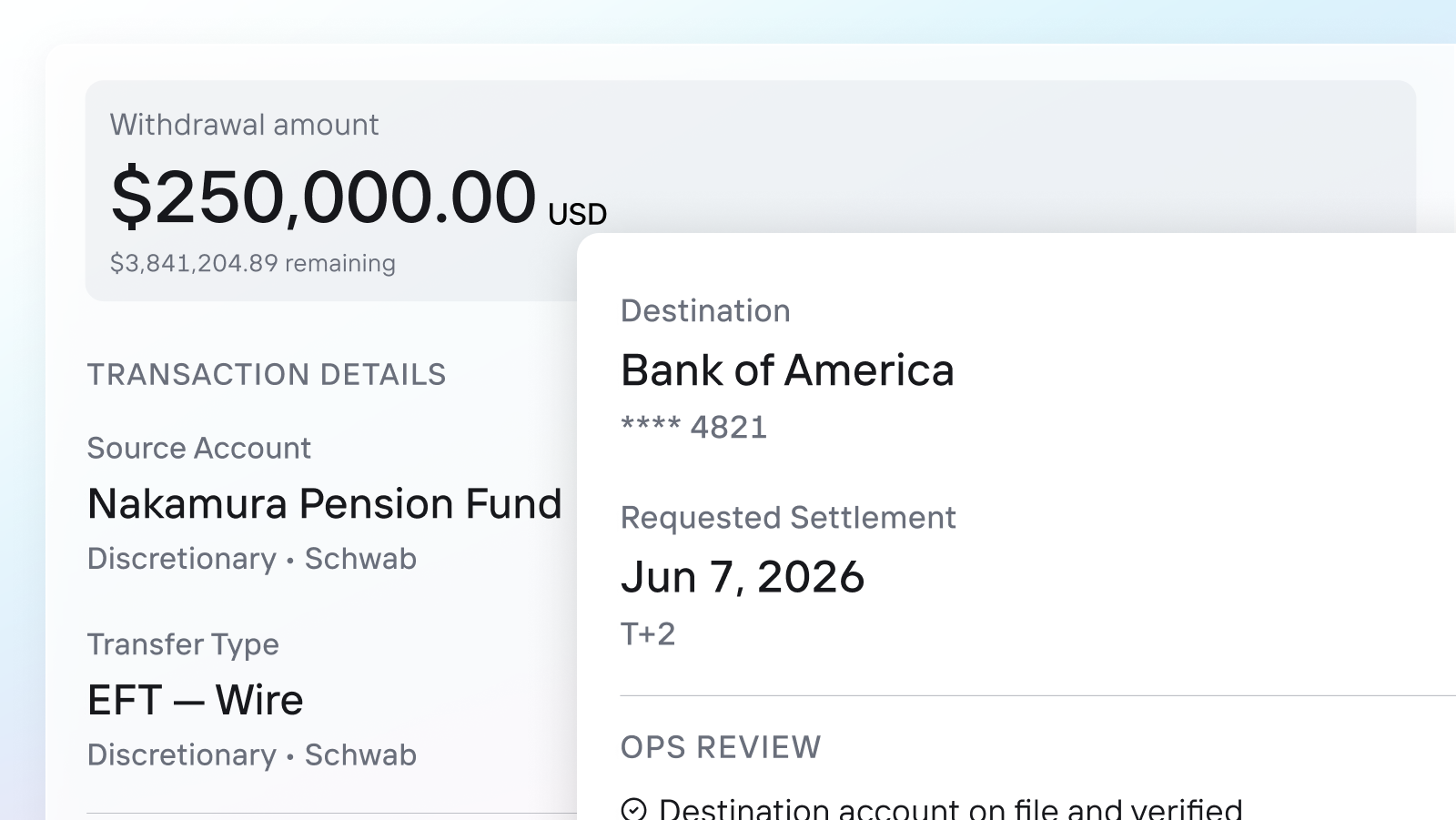 OneVest money movement interface showing transfer execution, policy checks, and exception monitoring across fund movements