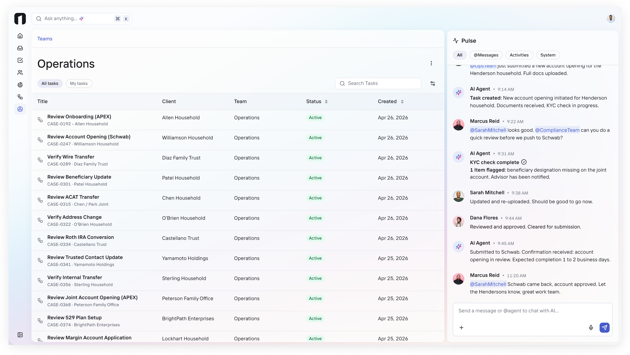 OneVest Operations Workspace showing firm-wide oversight, team workflows, and compliance monitoring