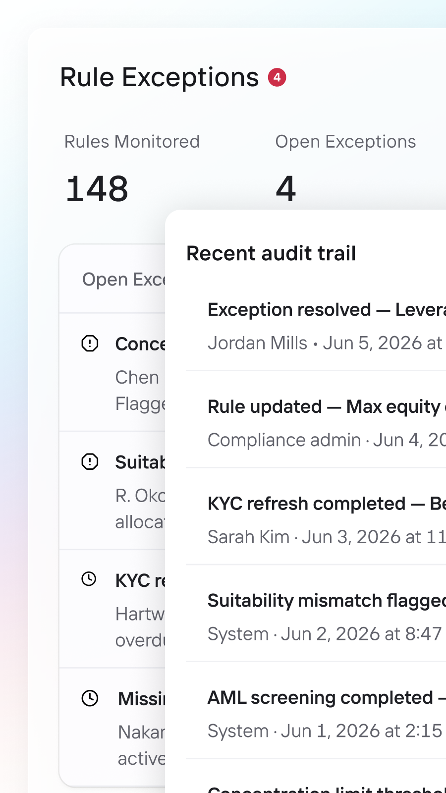 OneVest Integrated Supervision interface on mobile showing approval queues, audit trails, and compliance enforcement