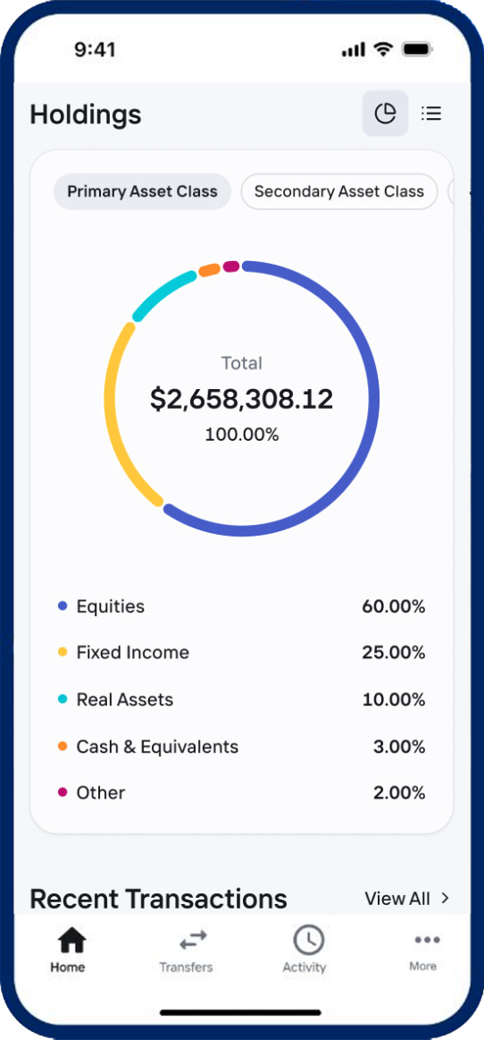 OneVest client app on a phone screen showing a holdings breakdown by asset class and recent transactions