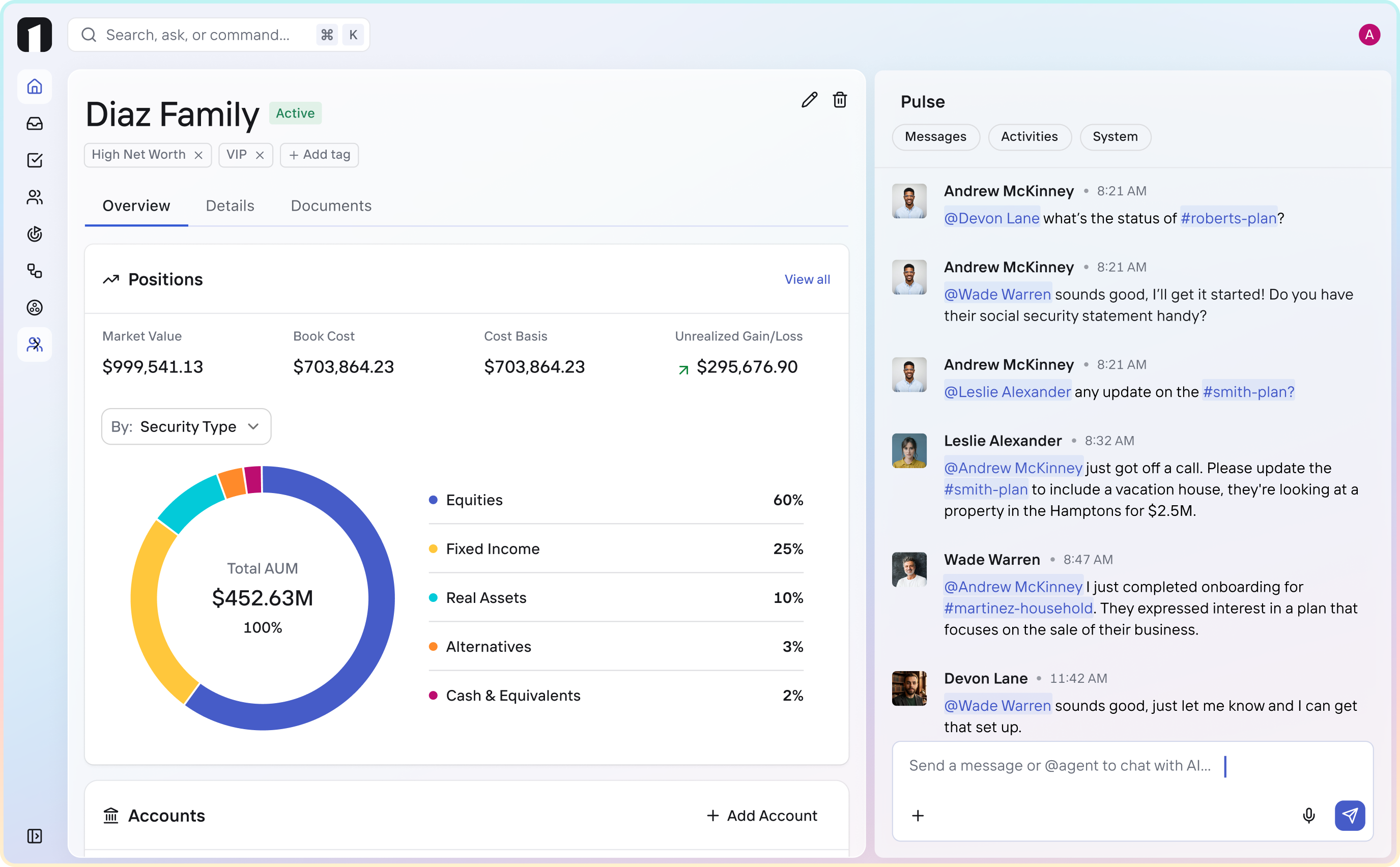 OneVest platform showing AUM dashboard, client portal, and action queue