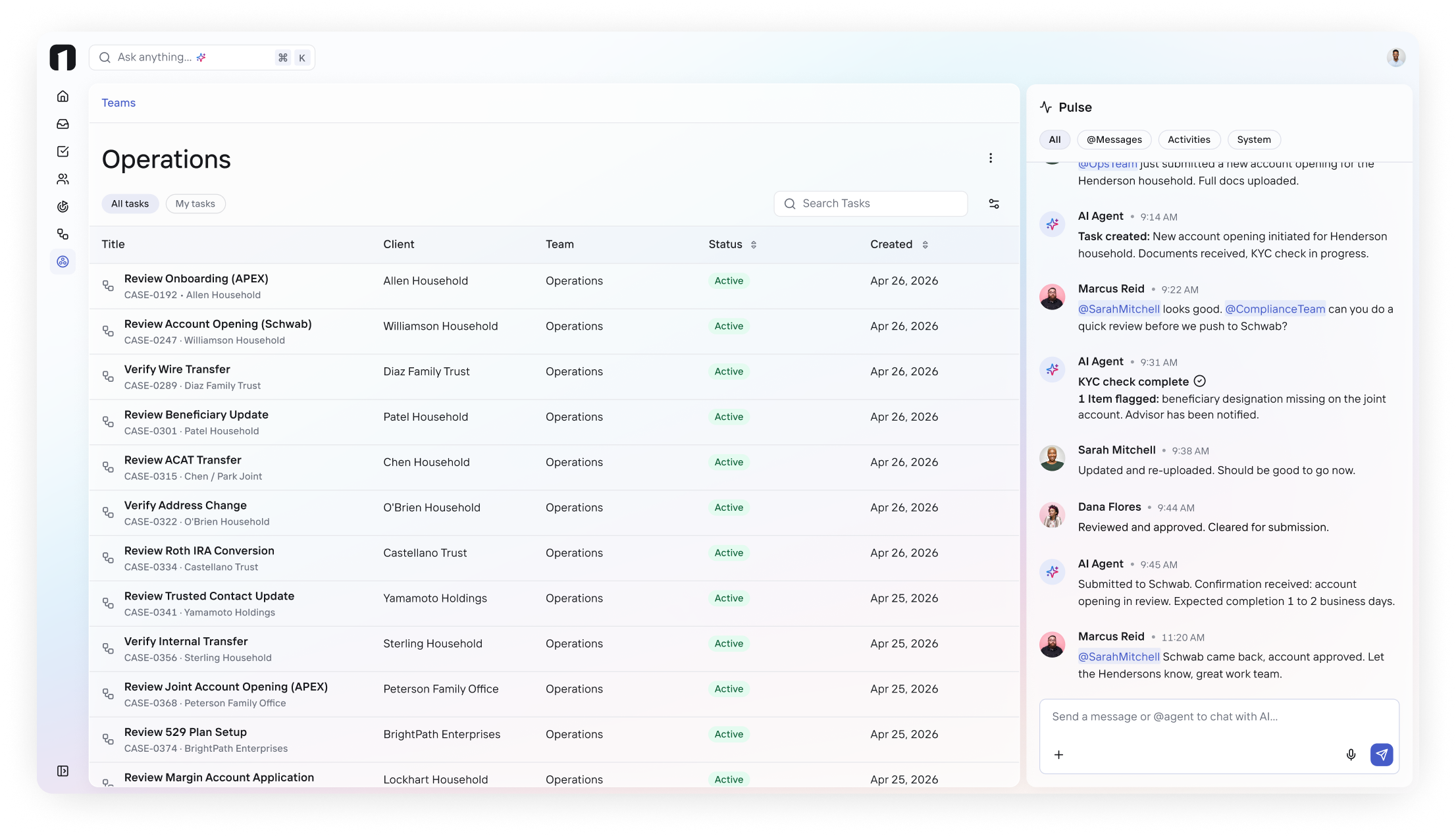 OneVest home-office workspace showing network-wide operations tasks alongside a live Pulse activity feed